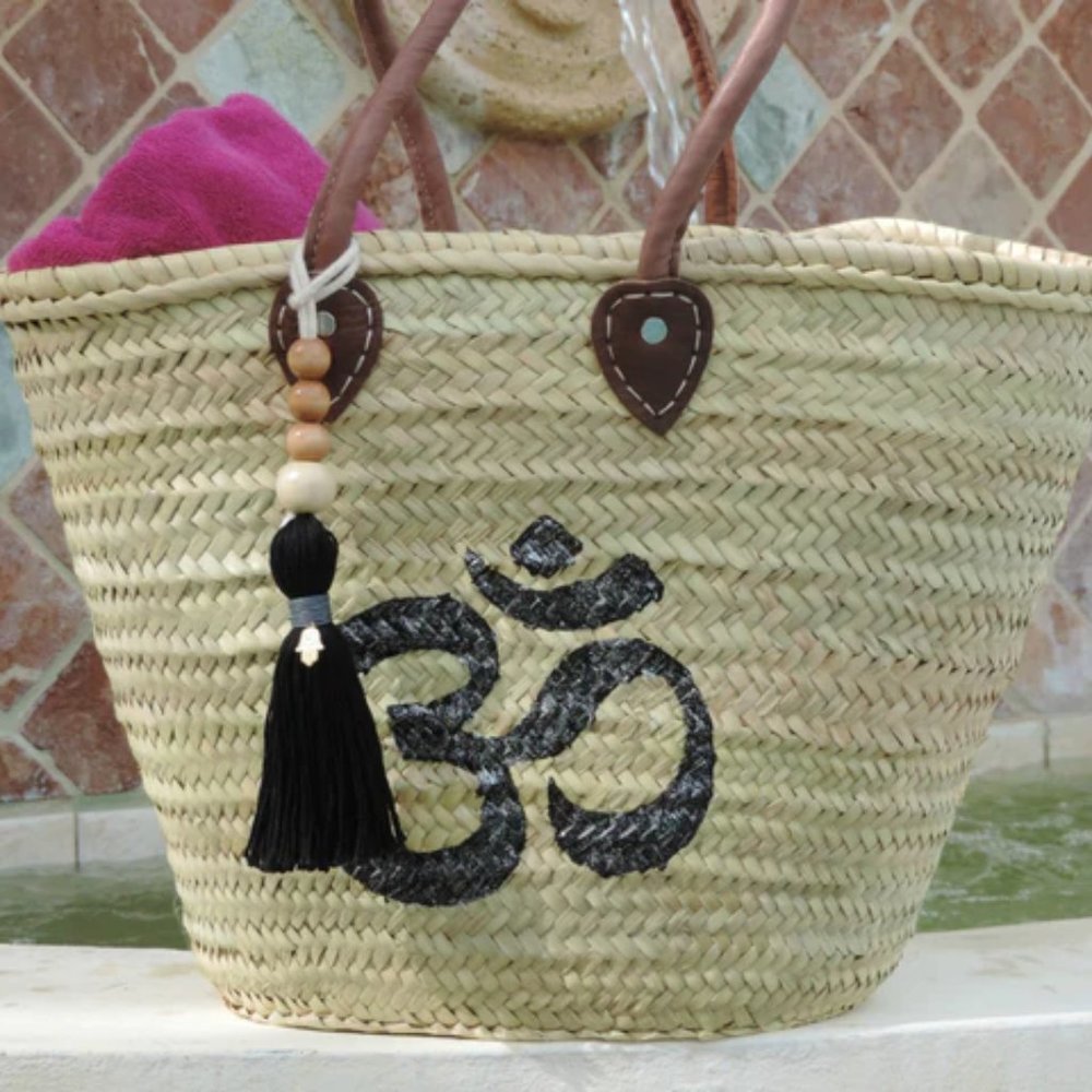 Handmade Straw Yoga Bag with Hand-Painted Black Om Symbol